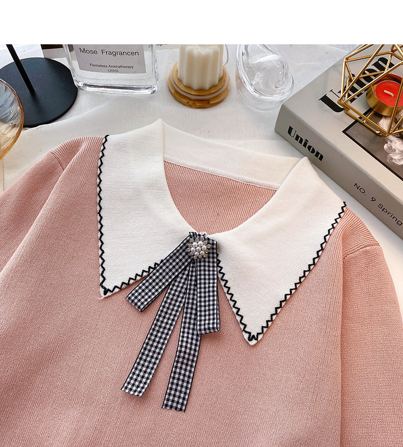 Long sleeve T-shirt design sense nail bead contrast bow top  6605