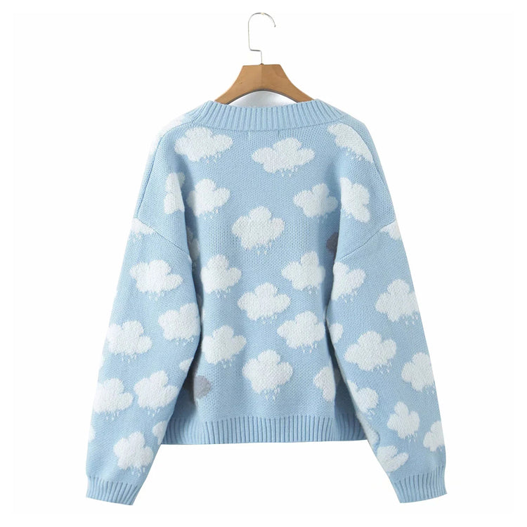 Sweet aging V-neck cloud jacquard knitted cardigan  7312
