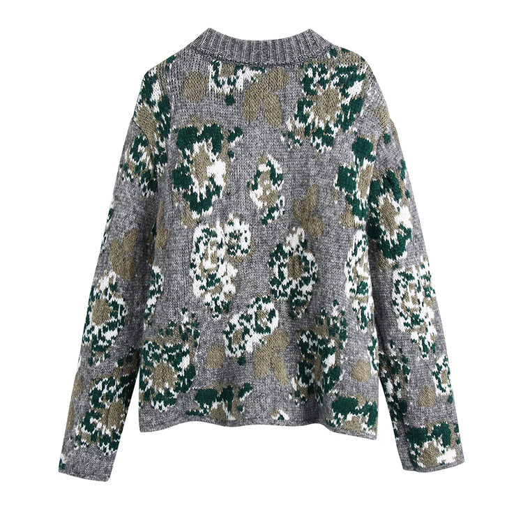 Nouveau pull cardigan tricoté en jacquard fleuri vintage 7495