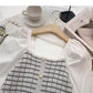 French bubble sleeve square neck Plaid top  6322