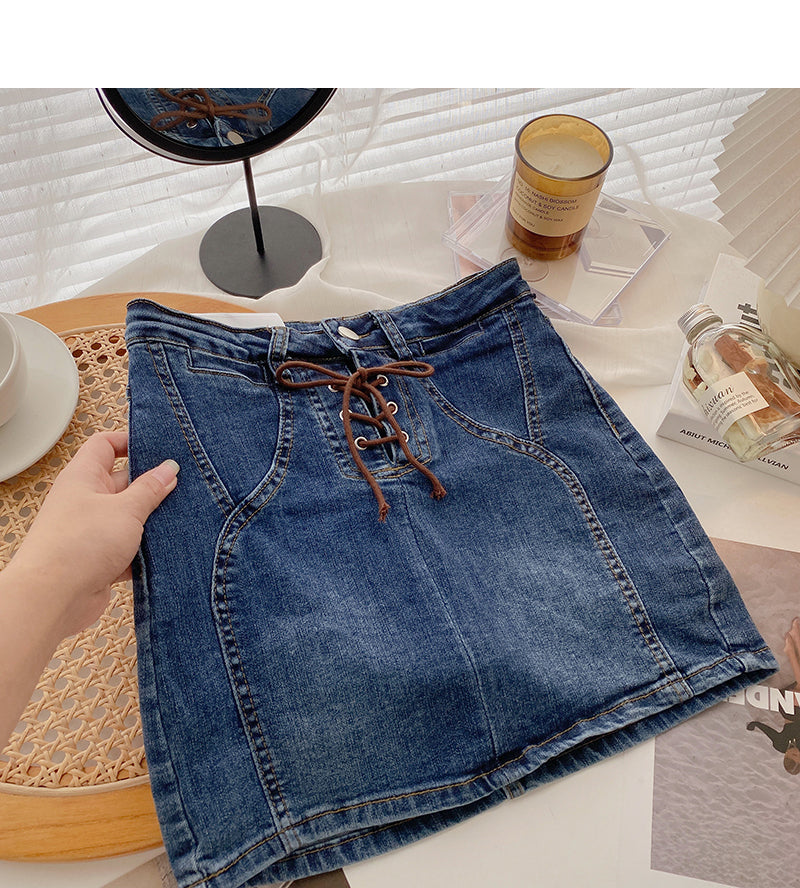 Jupe en jean taille haute à bandage coréen pour fille sexy 5665