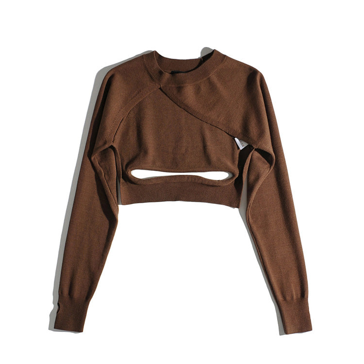 Solid color top small retro round neck hollow knitted Pullover Sweater  7244