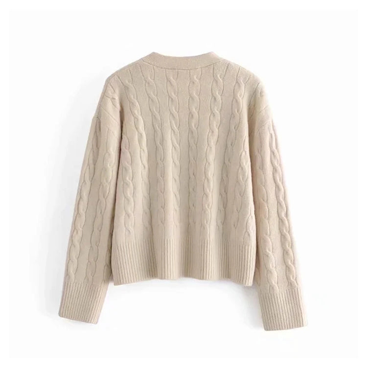 Loose V-neck 8-strand knitted open lined jacket sweater  7192