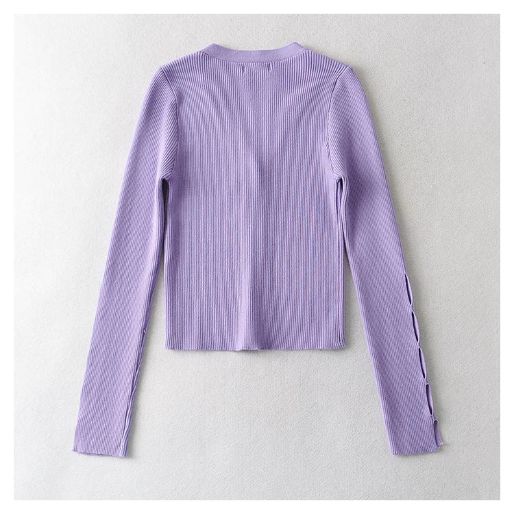 V-neck single breasted high waist open navel knitted cardigan  7385