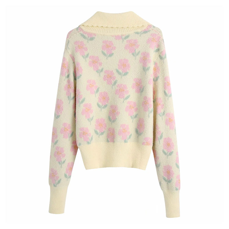 Round Lapel printed sweater baby collar sweater  7167
