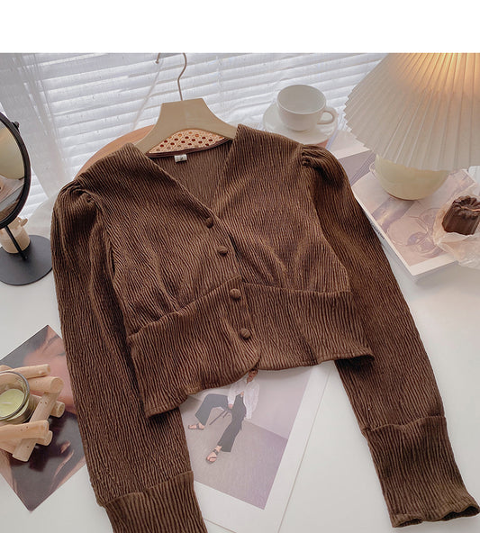 La chemise plissée à col en V vintage montre la fine saveur de Hong Kong 6401