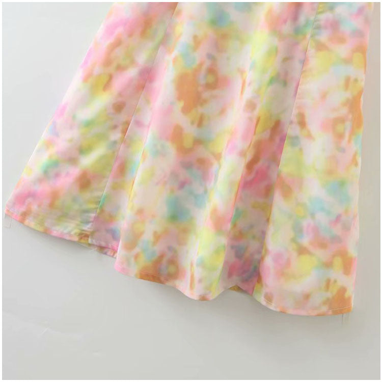 Vintage square neck bubble sleeve lace up gradient Floral Dress  7083