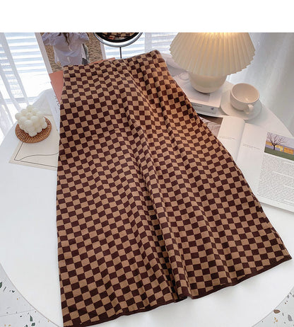 A-förmiger Retro-Mode-Netzrock mit rotem Schachbrettmuster und hoher Taille 5763