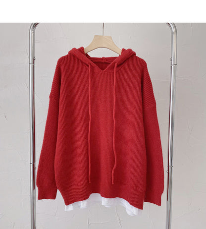 Pull femme style paresseux rétro ample à manches longues à capuche faux haut deux pièces 6197