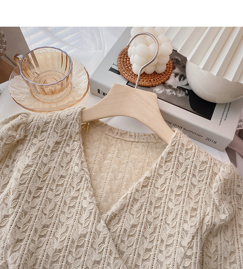 New Korean cross style short V-Neck long sleeve top  6346