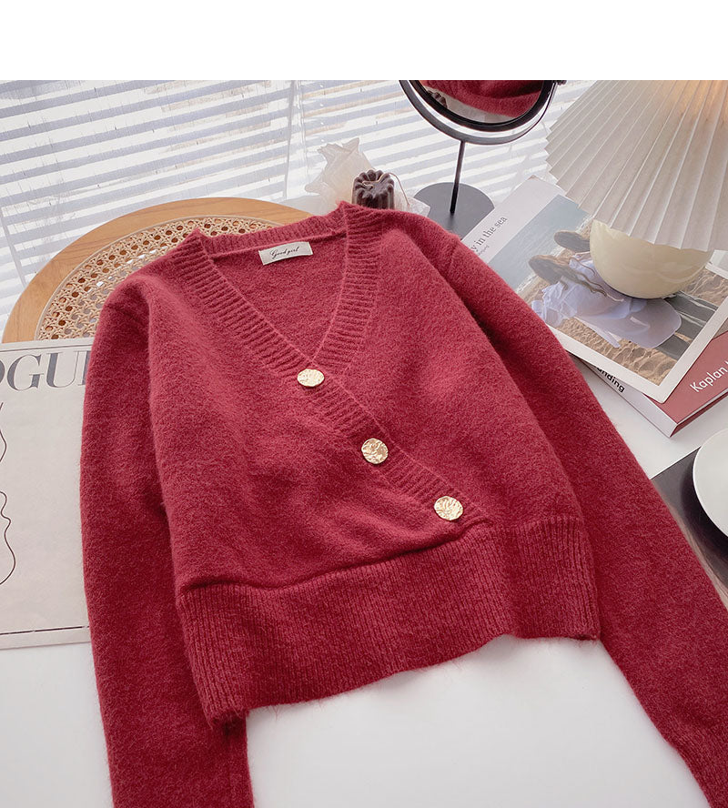 Long sleeved knitted sweater retro three button V-neck slim top fashion  6152