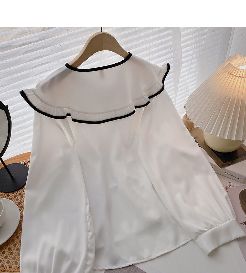 Design sense lace bandage doll neck slim long sleeve top  6391