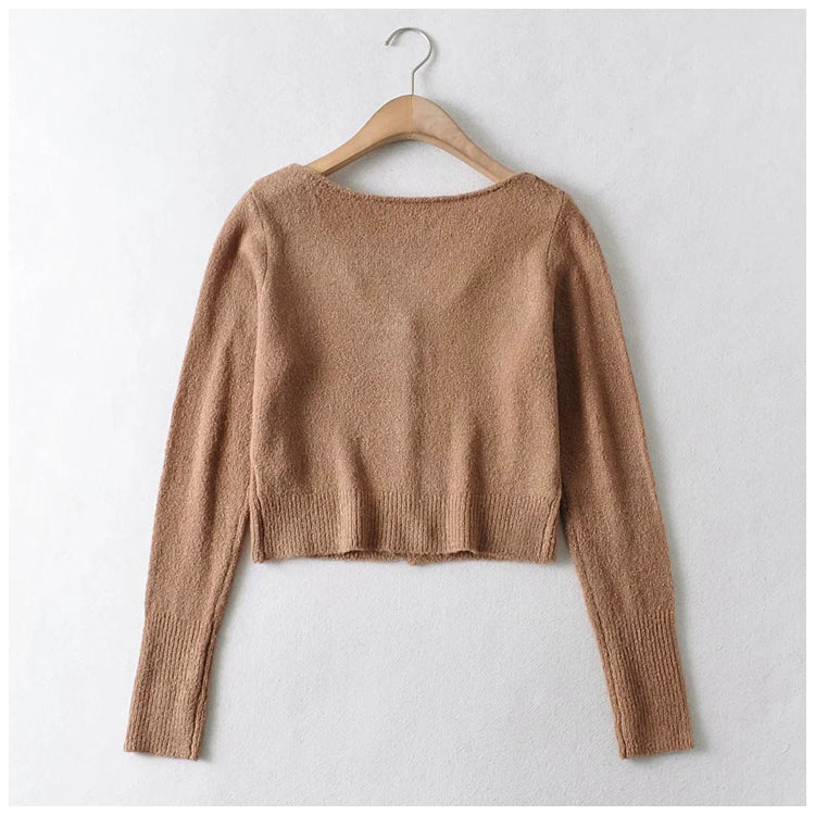 V-neck waist with exposed navel and long sleeve knitted cardigan  7229