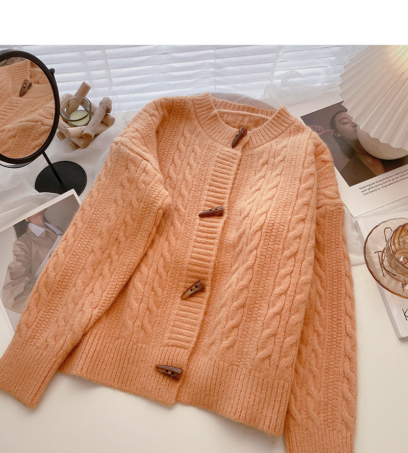 Ox horn button round neck twist sweater  6169