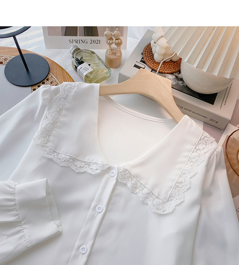 Lace doll neck design shirt soft sweet long sleeve top  6367