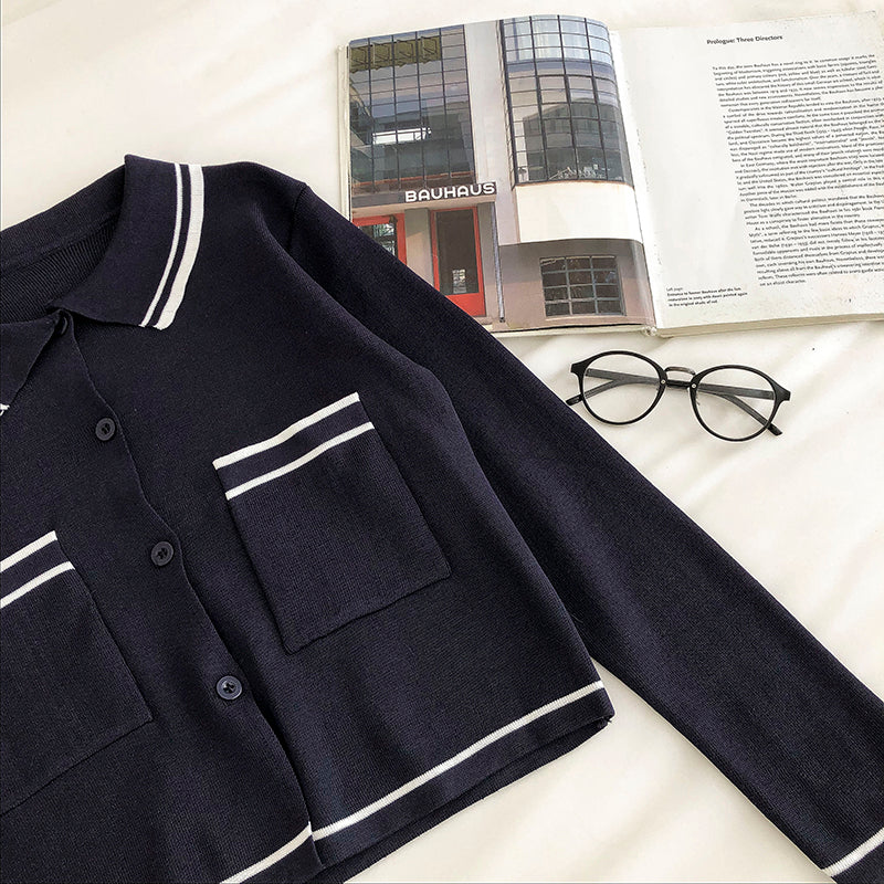Lapel single breasted cardigan Vintage long sleeve sweater women  6549