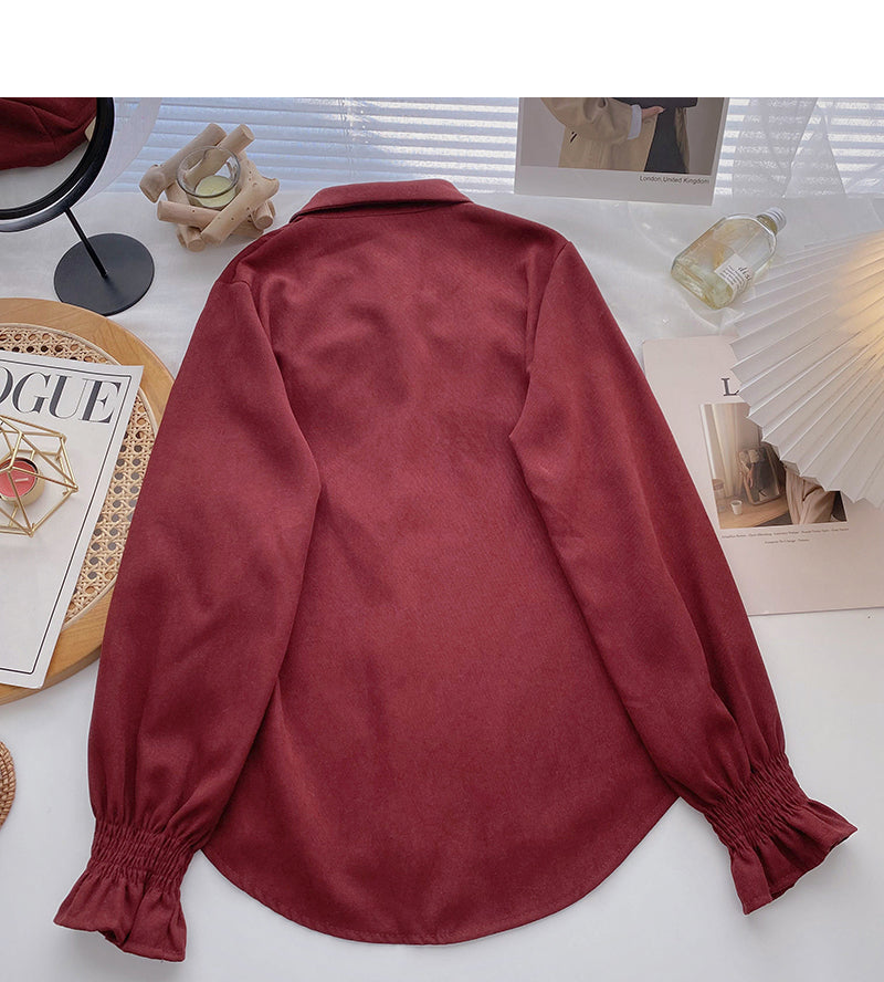 Collegiate lace up Lapel shirt casual long sleeve top  6356
