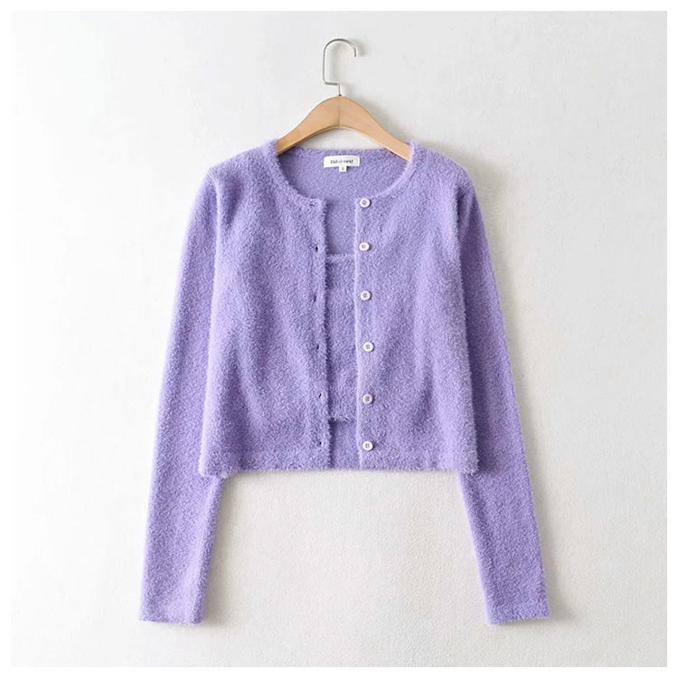 Alternder, süßer, einfarbiger Pullover-Cardigan mit einfachen Knöpfen 7210
