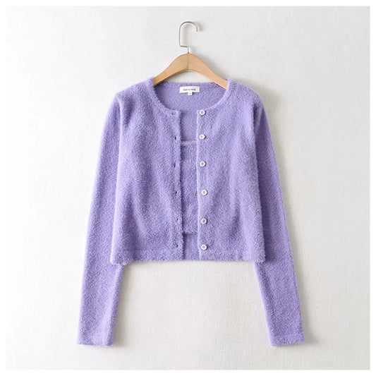 Alternder, süßer, einfarbiger Pullover-Cardigan mit einfachen Knöpfen 7210
