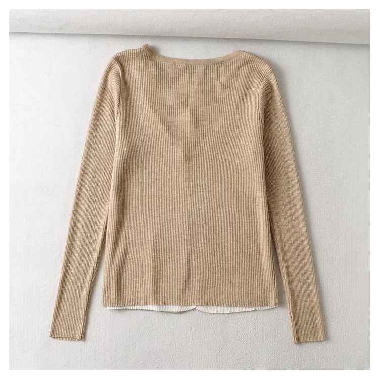 V-neck breasted color contrast fake two slim knit Cardigans  7471