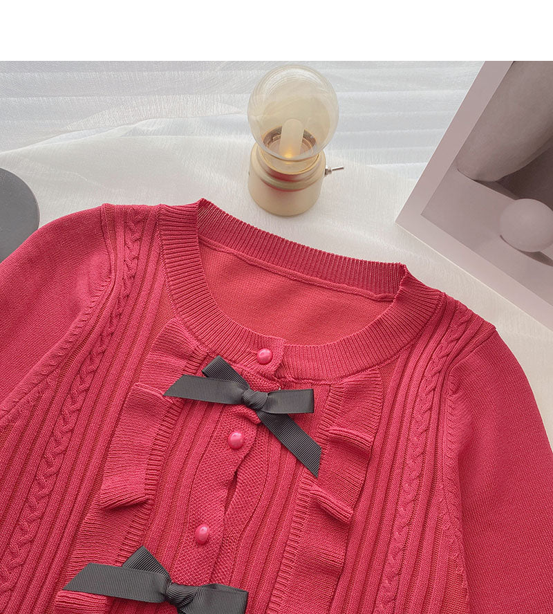 Cardigan tricoté vintage à col en T et nœud 6494