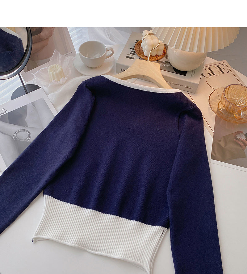 Versatile design contrast V-Neck long sleeve top  6694