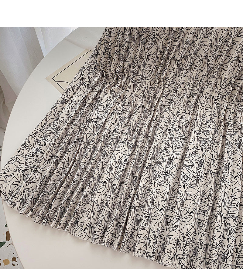 Hong Kong style retro printed leaf A-shaped medium length skirt  5739