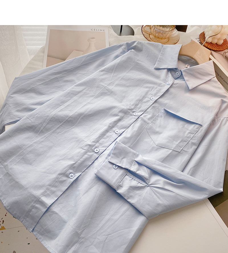 Solid long sleeve shirt versatile simple Lapel cardigan top  6417