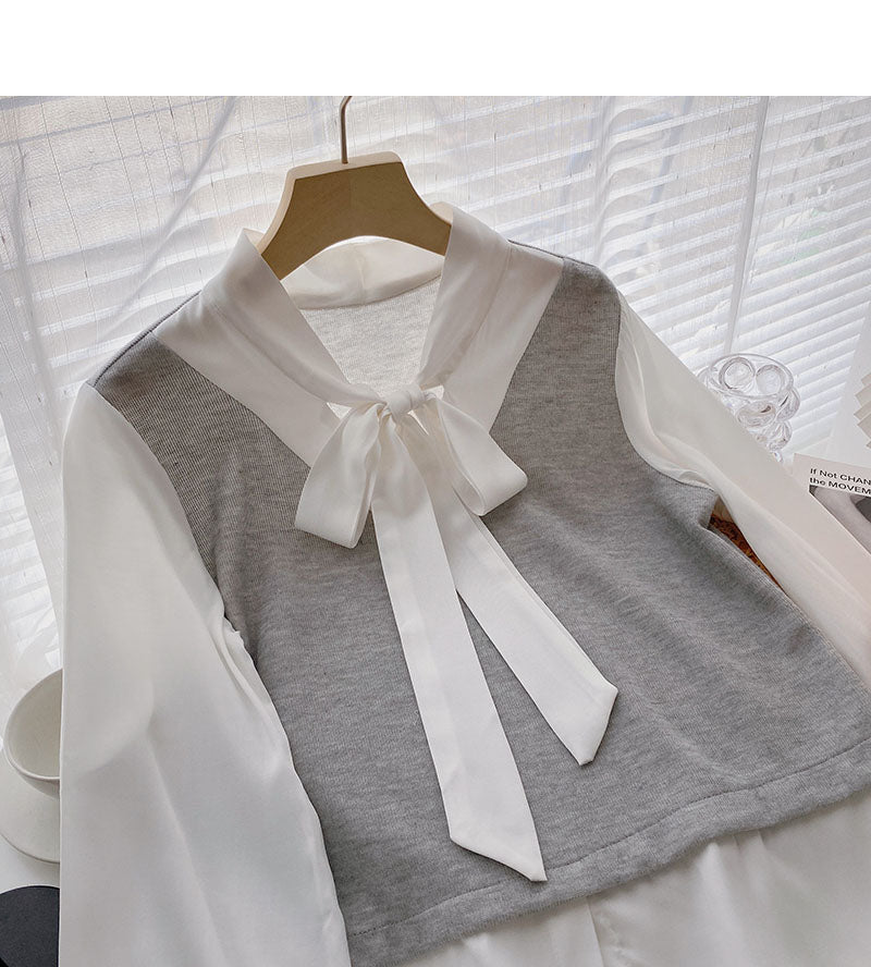 Shirt Female Minority Lace Up Long Sleeve Stitching Fake Two Pieces 6320