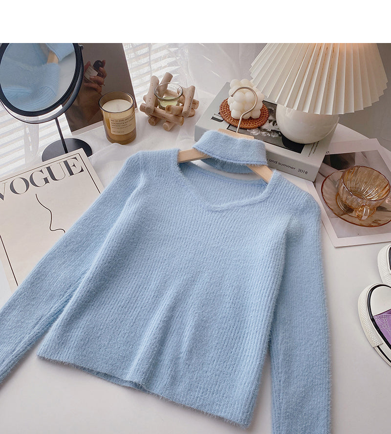 Imitation mink cashmere solid color sweater, niche design, hollow neck coat  6136