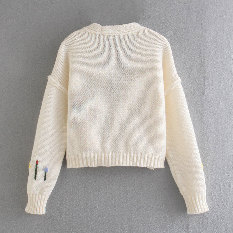 French Sweet V-Neck Langarm Blumen Jacquard Pullover Strickmantel 7355