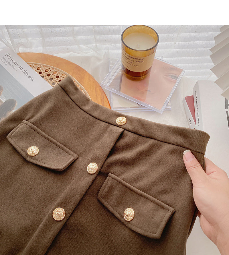 Jupe taille haute en forme de A à simple boutonnage de style rétro 5526