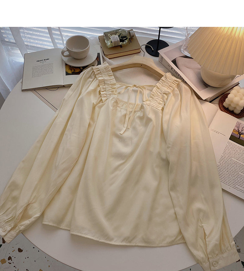 Small design bandage square neck thin long sleeve loose top  6317