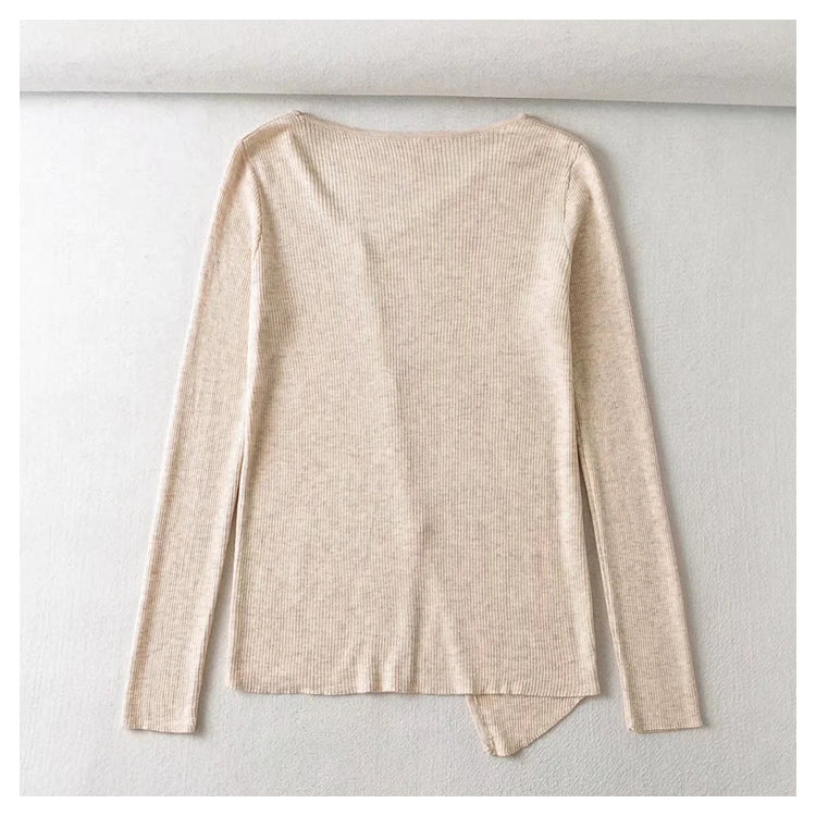 V-neck button irregular slim long sleeved sweater  7465