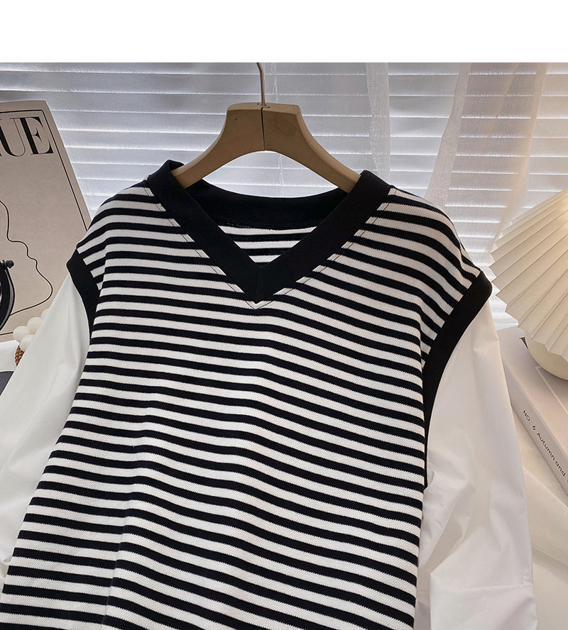 Contrast stripe V-Neck long sleeve shirt  6315