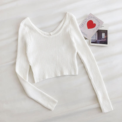 Solid color two wear long sleeve leaky clavicle sweater  6463