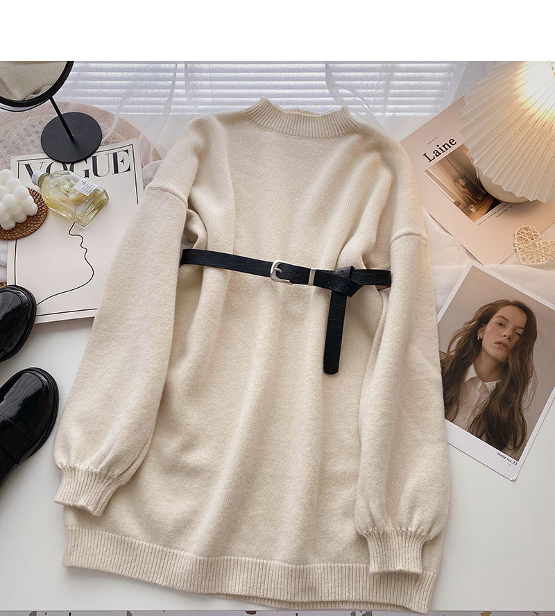 Korean style Hong Kong style retro long sleeve skirt top with belt  5971