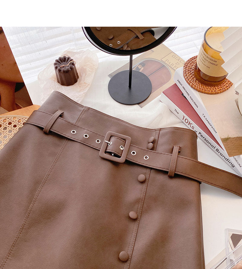 Korean fashion irregular button high waist thin wrap hip leather skirt  5532