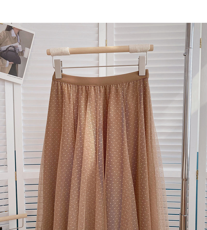 A-förmiger, mittellanger Rock 5790 mit hoher Taille und einfarbigem Polka Dot-Mesh