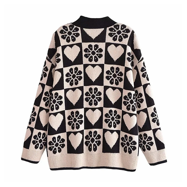 Hochwertige Jacquard-Strickjacke mit V-Ausschnitt und langen Ärmeln 7266