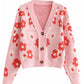 Haut cardigan ample en tricot fin à col en V avec boutons et fleurs en jacquard 7276