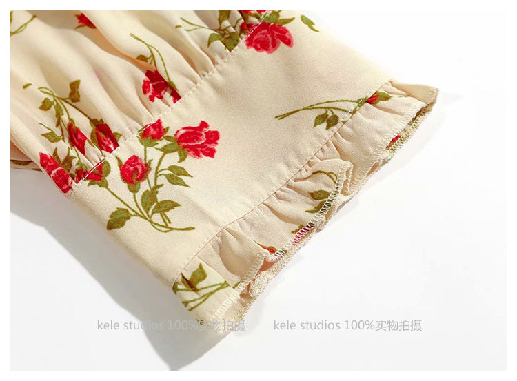 French minority V-neck retro fresh floral dress  7022