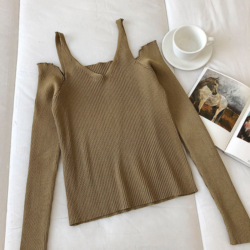 Schulterfreier Pullover mit langen Ärmeln und schmaler Passform für Damen 6462
