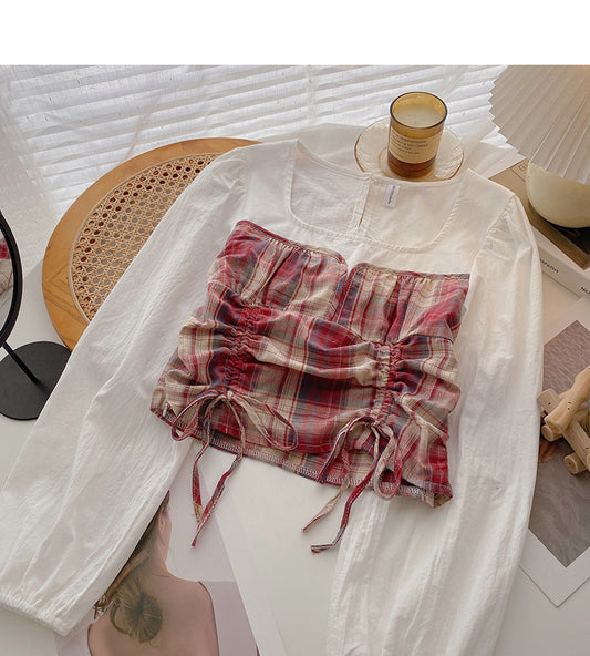 Chemise à carreaux cousue avec cordon de serrage et faux deux hauts 6378