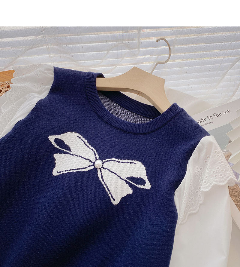 Vintage nail bead bow contrast stitching long sleeve lace top  6600
