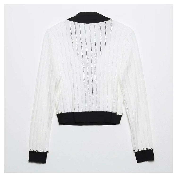 Xiaoxiangfeng V-neck heavy industry rivet bow knit cardigan  7294