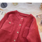 Solid gold round neck sweater small fragrance single breasted top  6166