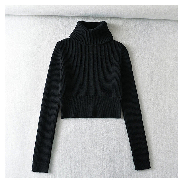 Amerikanischer Retro-Pullover mit Stehkragen, freiliegendem Bauchnabel und hoher Taille 7351