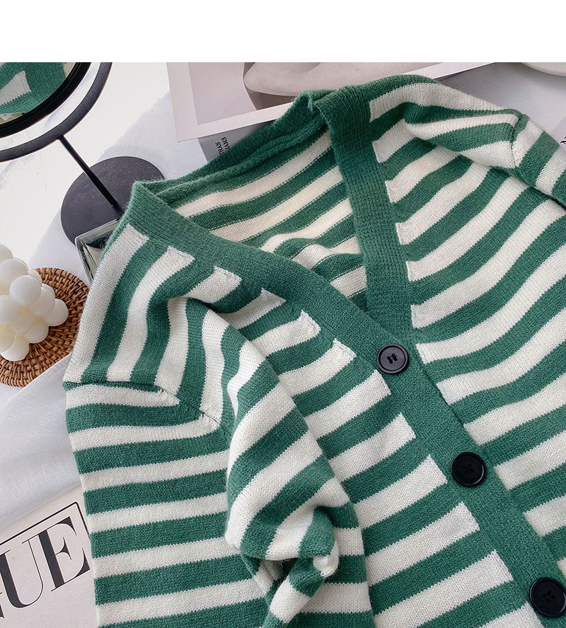 Cardigan tricoté à manches longues vintage à rayures et col en V, haut décontracté 6634