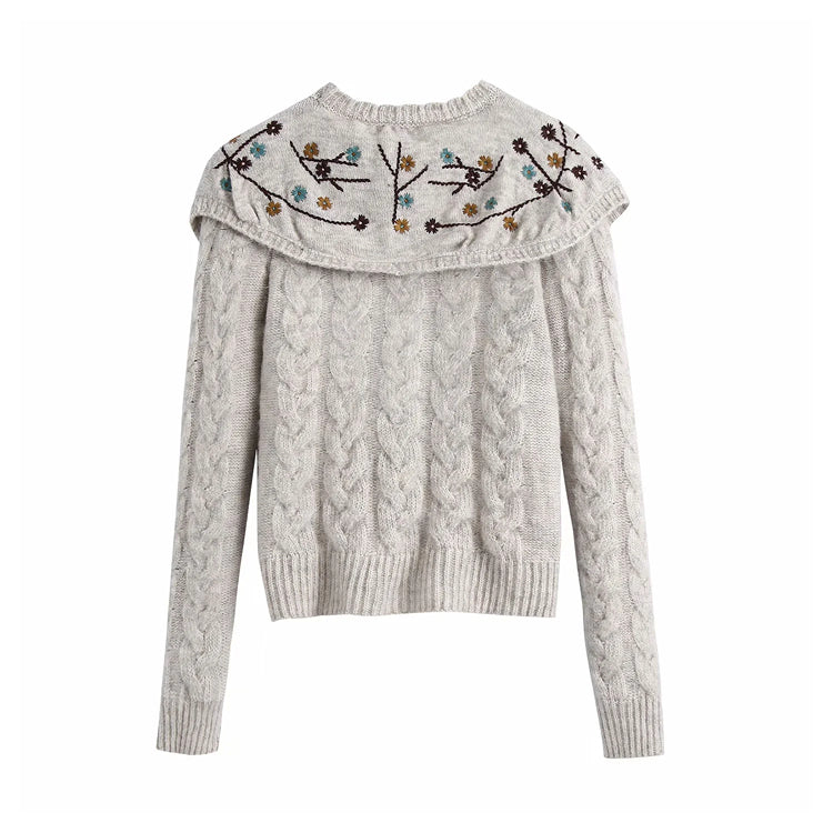 Pullover mit Puppenhalsausschnitt und Blumenstickerei in schwerer Industrie 7220